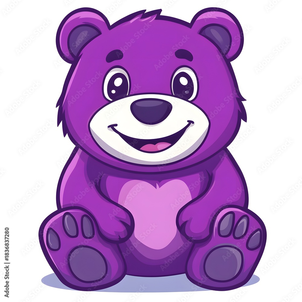 Fototapeta premium Cartoon illustration depicts a cheerful purple teddy bear with a heart shape on its chest