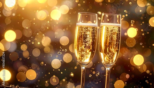 Two champagne flutes clinking in celebration with a bokeh background