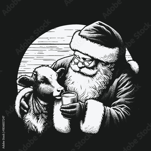 Santa Claus lovingly hugs a small calf while holding a glass of milk.
