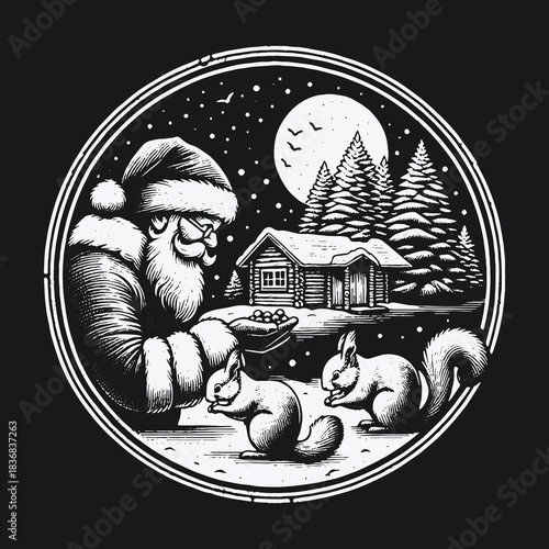 Kind Santa Claus Feeding Squirrels by a Cabin in the Woods.