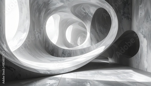 Dynamic Architectural Abyss A Luminous Abstract Interior Showcasing Fluid Organic Curves and Sculptural Concrete Forms, Artfully Illuminated with Dramatic Light and Shadow Play