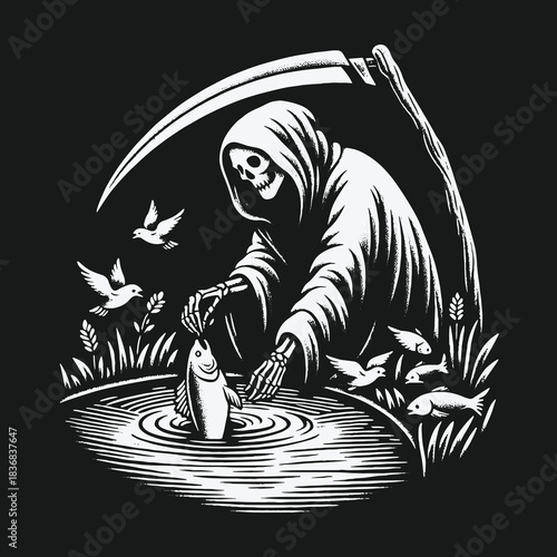 Grim Reaper enjoying a peaceful day of fishing by the pond.
