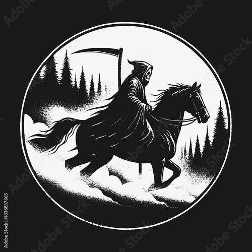 Grim Reaper riding a dark horse through a snowy forest illustration.