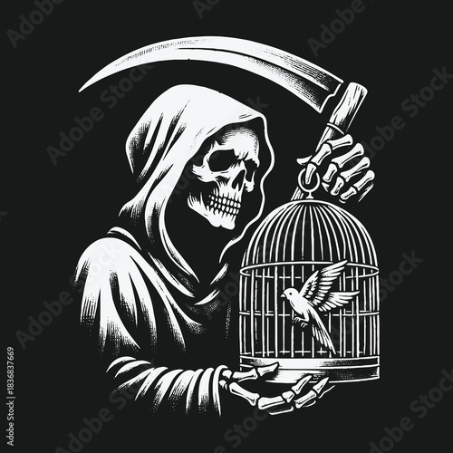 Monochrome illustration of the Grim Reaper holding a caged bird.