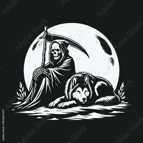 Grim Reaper with his loyal wolf companion under the full moon.