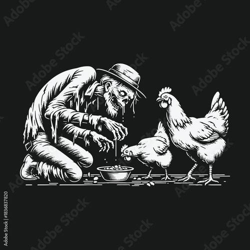 Eerie black and white illustration of a zombie feeding chickens.