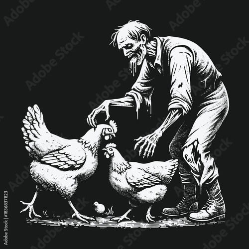 A gaunt zombie farmer gently tends to his chickens and chick.