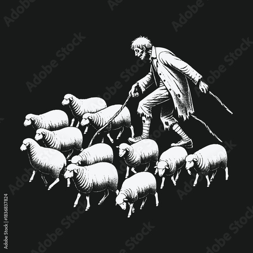 Vintage black and white illustration of a shepherd leading his flock of sheep.