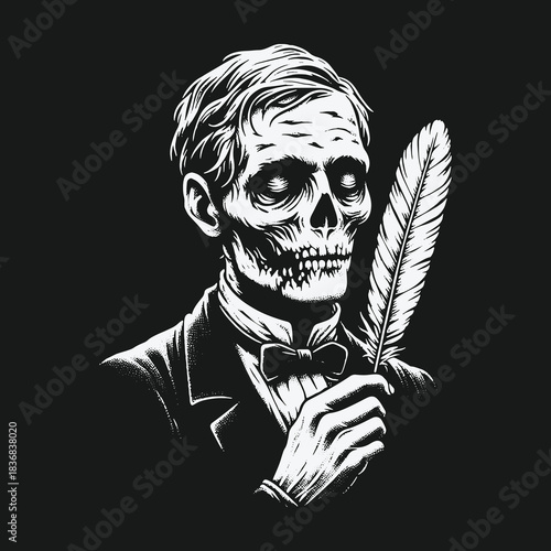 Macabre skeletal gentleman writer holding a feather quill pen.