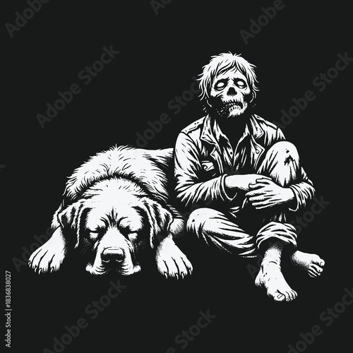 A somber zombie sits peacefully with his loyal sleeping dog companion.