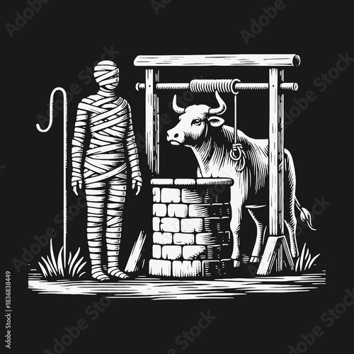 Surreal vintage illustration of a mummy standing by a well with a bull inside.