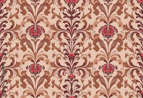 Elegant floral damask textile, repeating seamlessly in muted tones, fabric pattern, damask