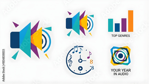 Vibrant collection of sound and music visualization graphics, ideal for illustrating audio analytics, top genre trends, and personalized year-end listening summaries