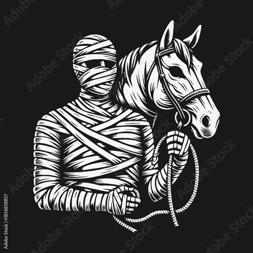 Vintage black and white illustration of a mummy with a horse.