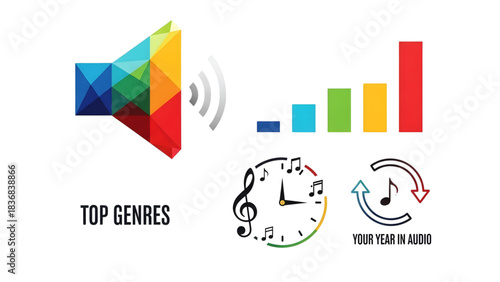 Vibrant collection of colorful audio and music icons representing top genres, listening trends, and personalized year-in-audio summaries for digital platforms and applications