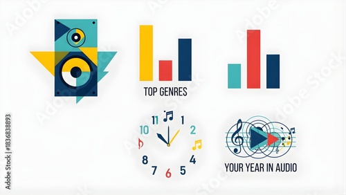 Vibrant infographic elements depicting personalized annual audio consumption data and popular music genre statistics for a dynamic digital listening experience summary