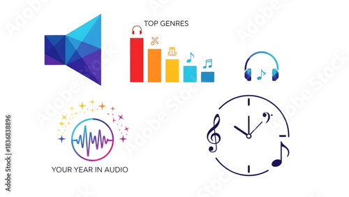 Diverse graphic elements representing audio and music concepts, including sound wave visualizations, genre statistics, listening experience icons, and creative musical note designs
