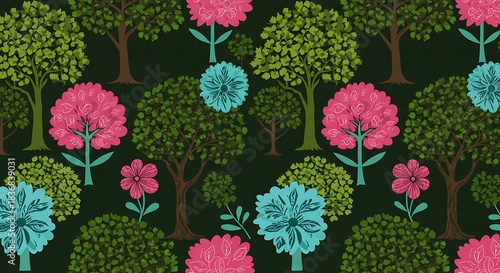Repeating pattern with whimsical trees, pink & blue flowers, and various shades of green