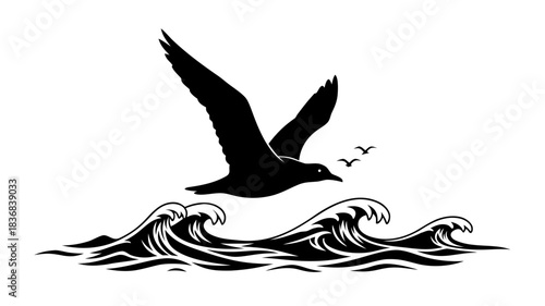 A striking black silhouette of a flying eagle vector illustration with spreading wings and a sharp beak depicts a hawk in natural wildlife flight as a symbolic bird art design