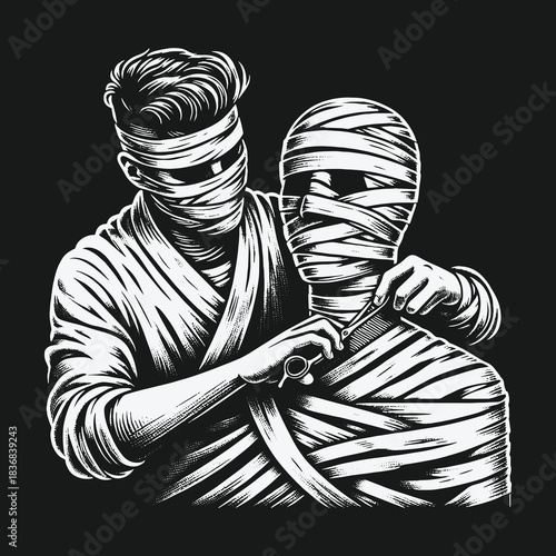 Monochrome illustration of a bandaged barber giving a mummy a shave.