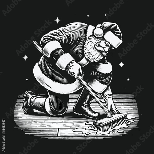 Vintage Style Santa Claus Scrubbing Wooden Floor Illustration.