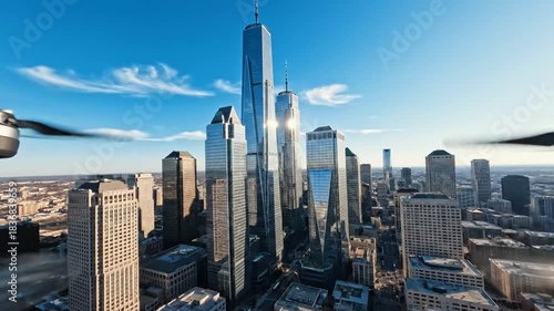 Aerial view of a modern city skyline with towering skyscrapers reflecting sunlight under a bright blue sky.