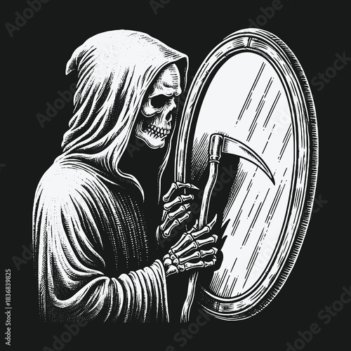 Macabre vintage illustration of the Grim Reapers reflection.