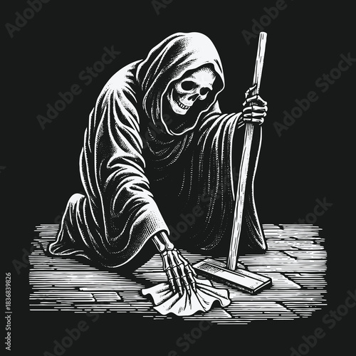 Monochrome illustration of the Grim Reaper cleaning a wooden floor.