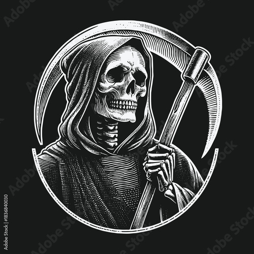 Grim Reaper Skeleton with Scythe in a Circular Emblem.