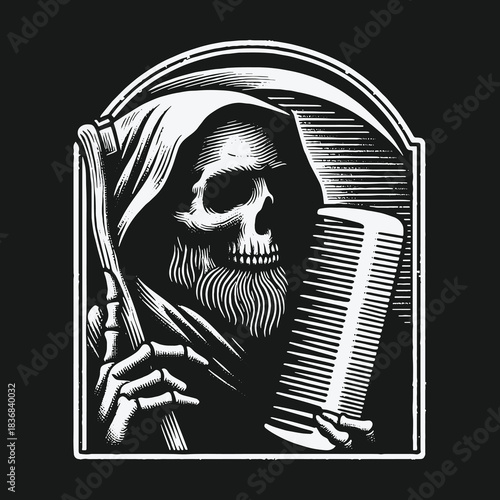 Monochrome Grim Reaper barber with a scythe and comb vector illustration.