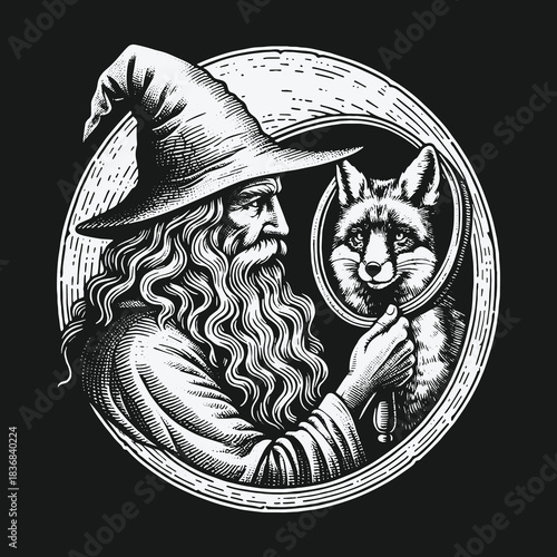 Vintage Engraving Style Wizard Sees a Fox in a Magic Mirror.