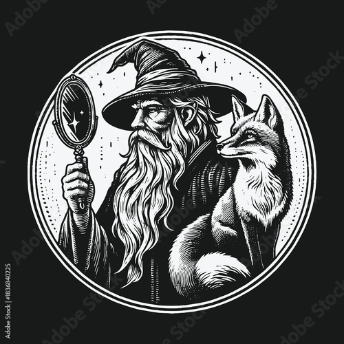 Monochrome illustration of a wise wizard with a fox holding a magic mirror.