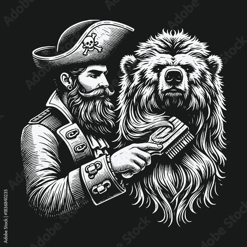 Bearded pirate captain grooming his majestic bear companion.
