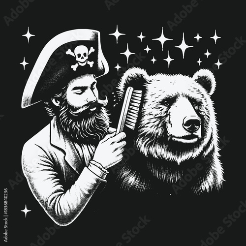 A Kind Pirate with a Beard Grooms a Large Bear Under the Stars.