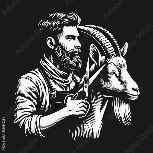 Monochrome illustration of a bearded barber holding scissors next to a goat.