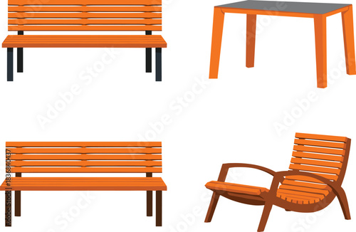 Wooden outdoor furniture vector set featuring benches, lounge chair, and table designs for garden, park, patio, and backyard decor