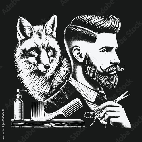 Stylish Barber with Beard and Fox in a Monochrome Vintage Design.