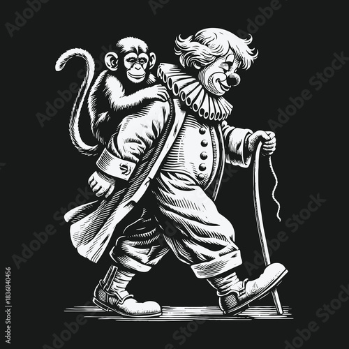 An old fashioned clown and a small monkey take a stroll together.
