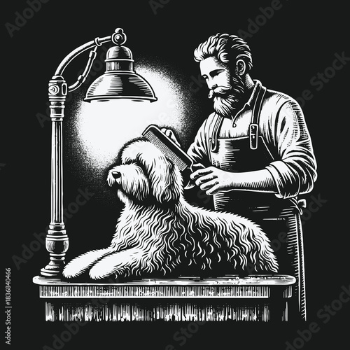 Vintage style illustration of a bearded man grooming a fluffy dog.