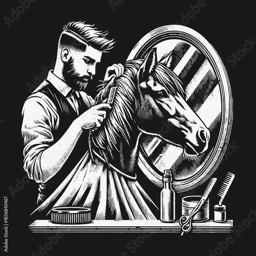 Vintage Barbershop Scene with a Barber Giving a Horse a Haircut.