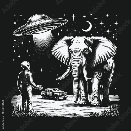 Monochrome vintage illustration of an alien meeting an elephant under a UFO.