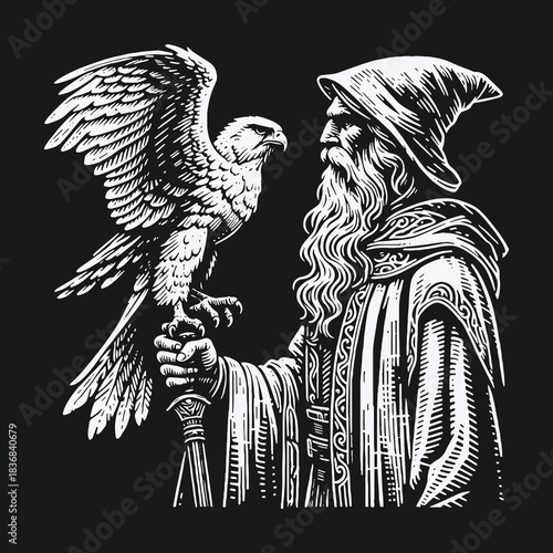 Black and white engraving style wizard with a falcon on his arm.