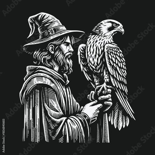 Black and white engraving of a wise wizard holding a majestic eagle on his arm.