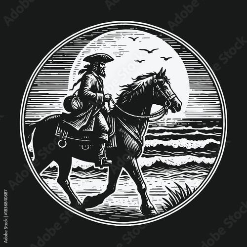 Colonial patriot riding a horse along the seashore under a full moon.