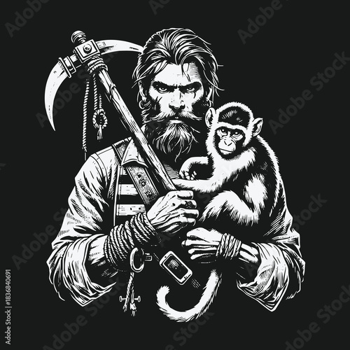 Black and white illustration of a rugged bearded man with a monkey companion.