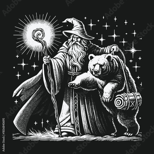 Wise Old Wizard and His Bear Companion on a Magical Journey.