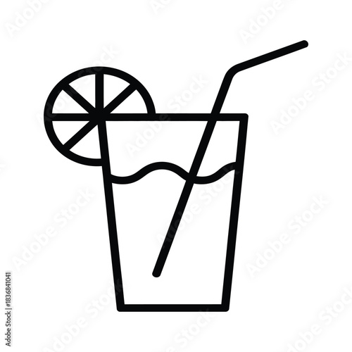 Refreshing Cocktail Drink Outline Icon with Straw and Citrus Slice Vector