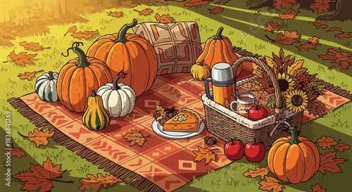Autumn picnic setup with pumpkins, food, and drinks on a blanket in a grassy field with fallen leaves, warm and cozy atmosphere.