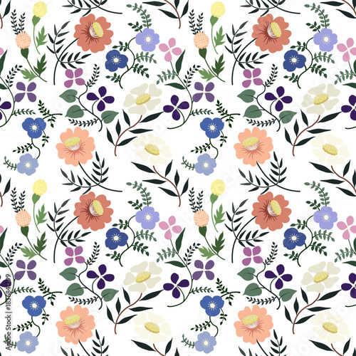 Vector hand drawing seamless pattern, Daisy petal spring flower blossom,  abstract floral drawn on white background for fashion fabric textiles printing, wallpaper and paper wrapping