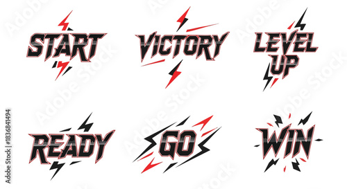 Collection of six motivational gaming labels with lightning bolts on a white background, featuring words like start, victory, and win in a bold, dynamic font.